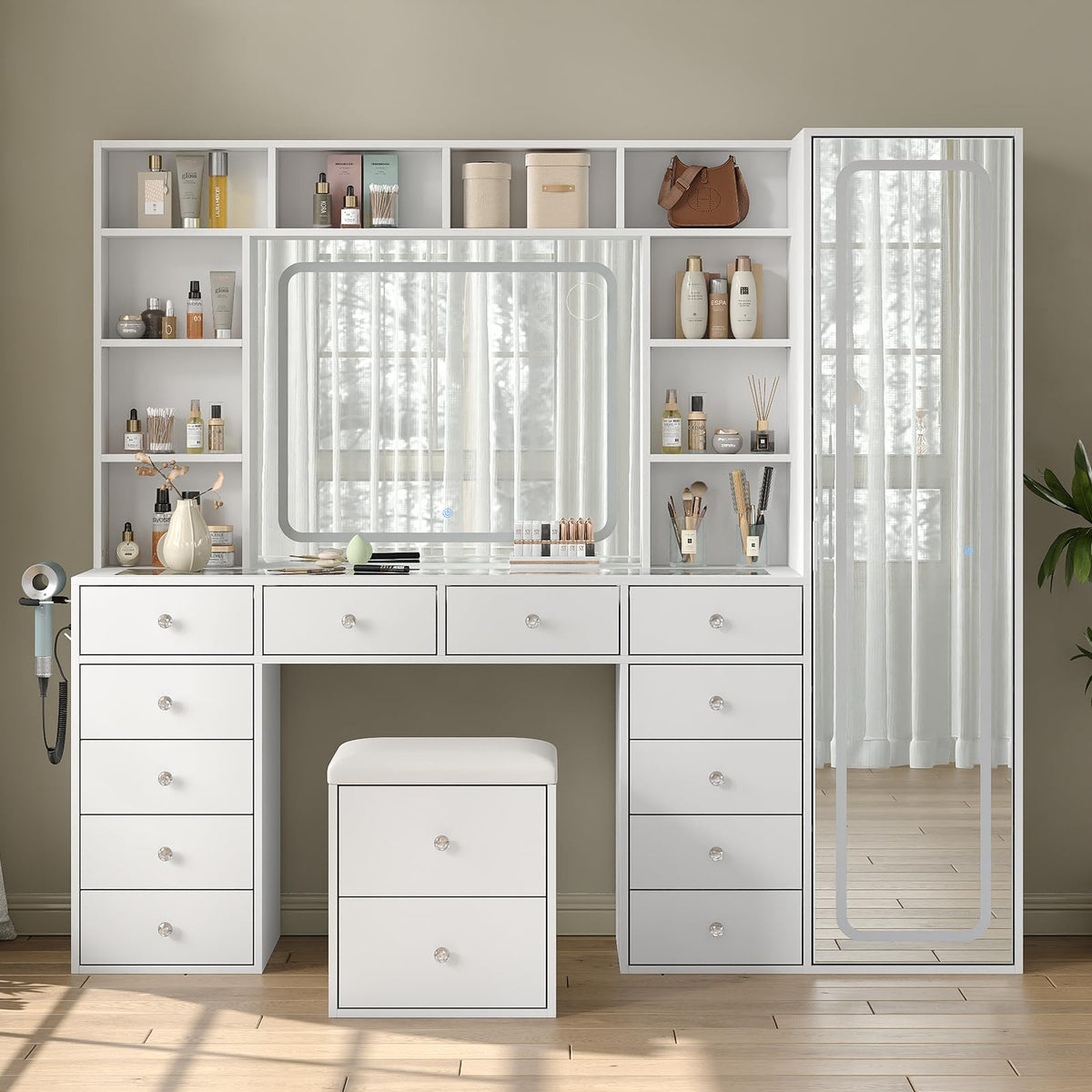 White Vanity Desk with LED Mirror 14 Drawers 10 Shelves R2978