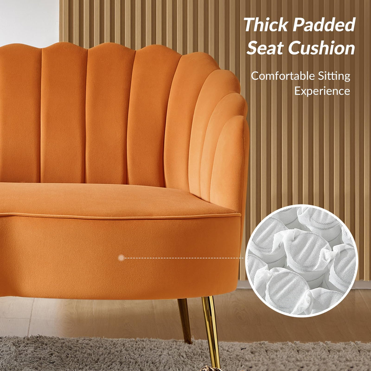 Orange Velvet 2-Seater Loveseat Sofa with Gold Metal Legs K235654