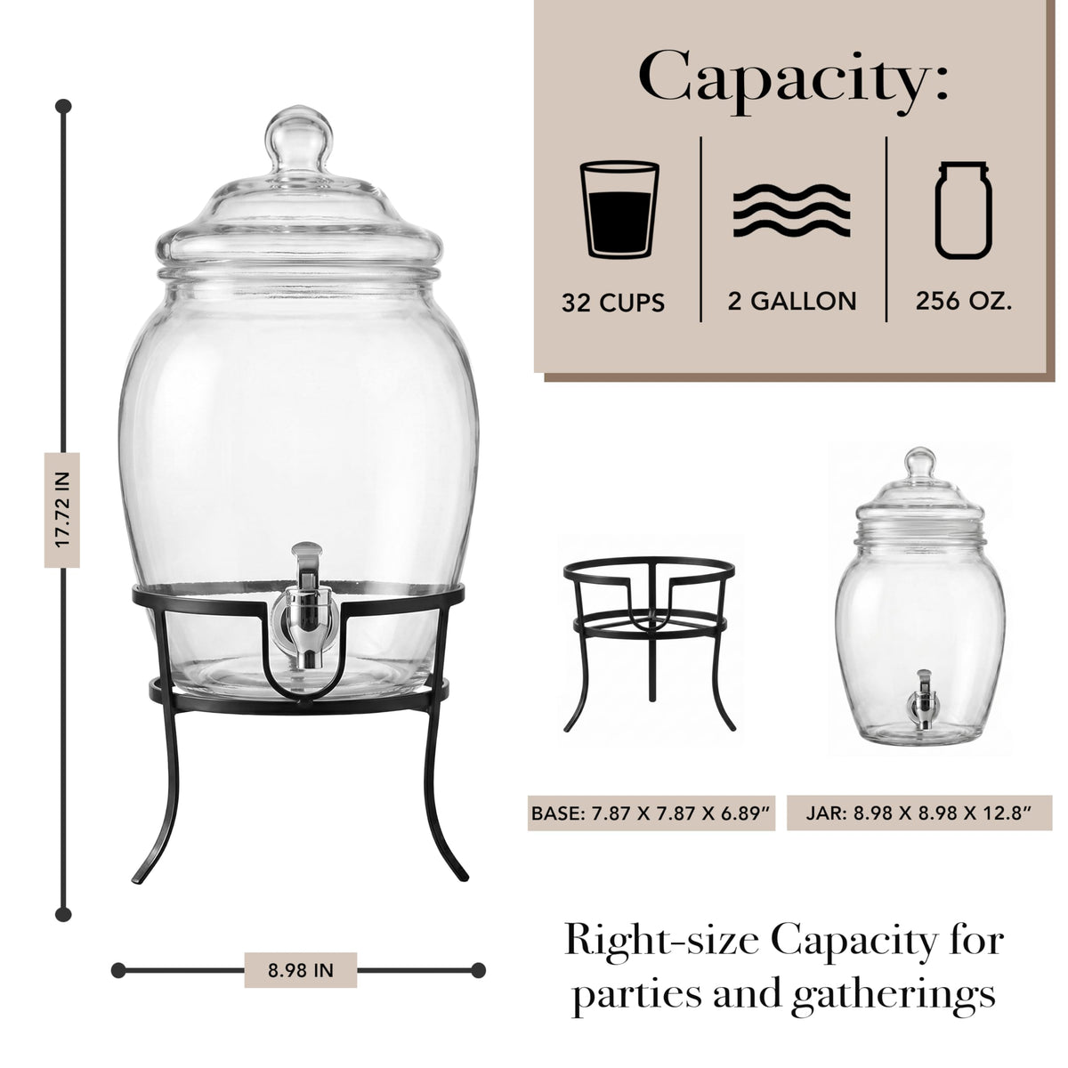 Glass Beverage Dispenser with Metal Stand 2 Gal N7259