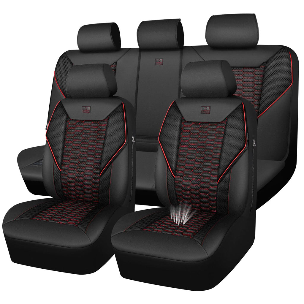 3D Foam Mesh Faux Leather Car Seat Covers Full Set, Black and Red O146950