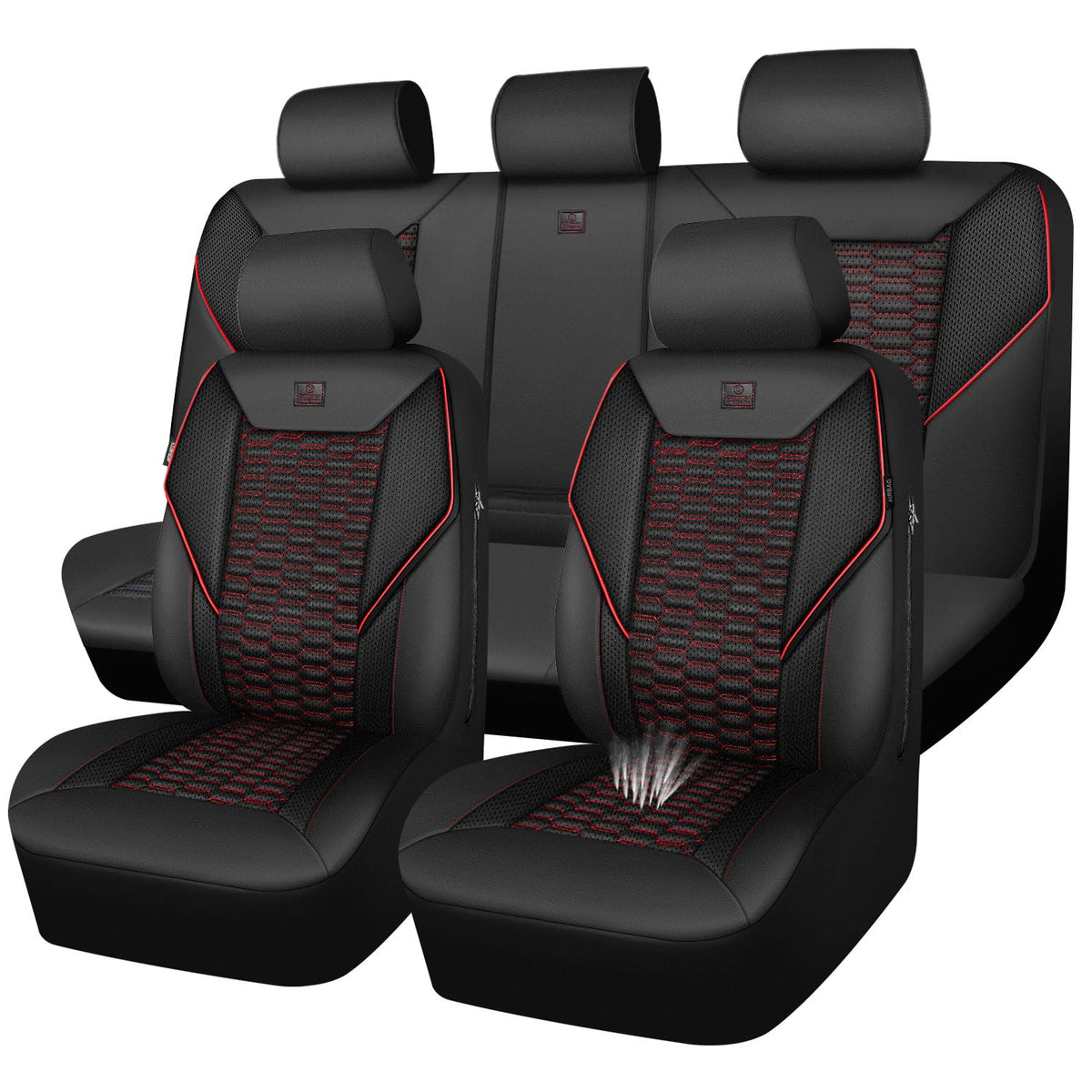 3D Foam Mesh Faux Leather Car Seat Covers Full Set, Black and Red O146950