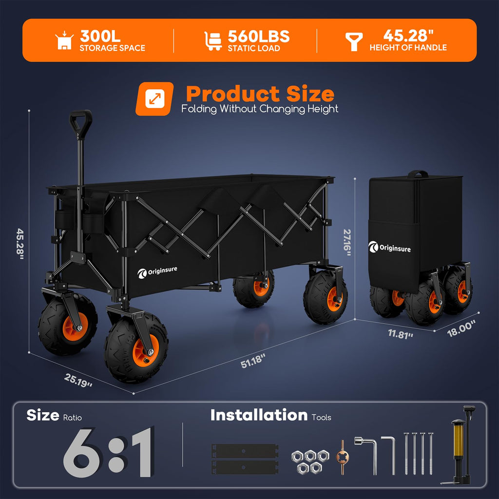 Collapsible Beach Wagon with Balloon Wheels, 560lbs, Black P9344