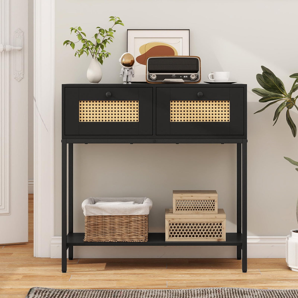 Rattan Console Table with Two Drawers and Open Storage Shelf J485