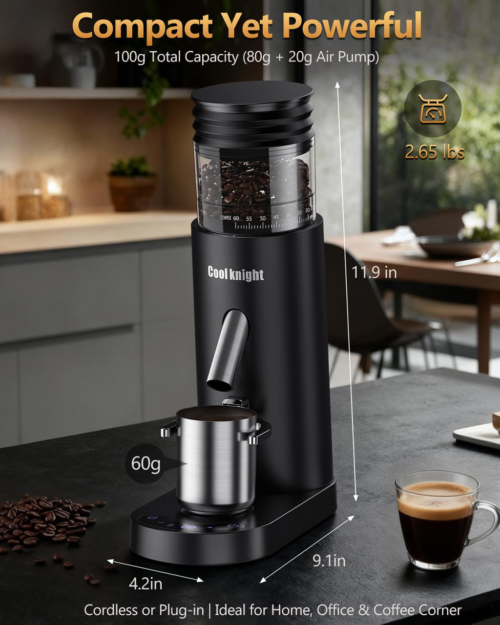 Rechargeable Conical Burr Coffee Grinder with 60 Grind Settings K344