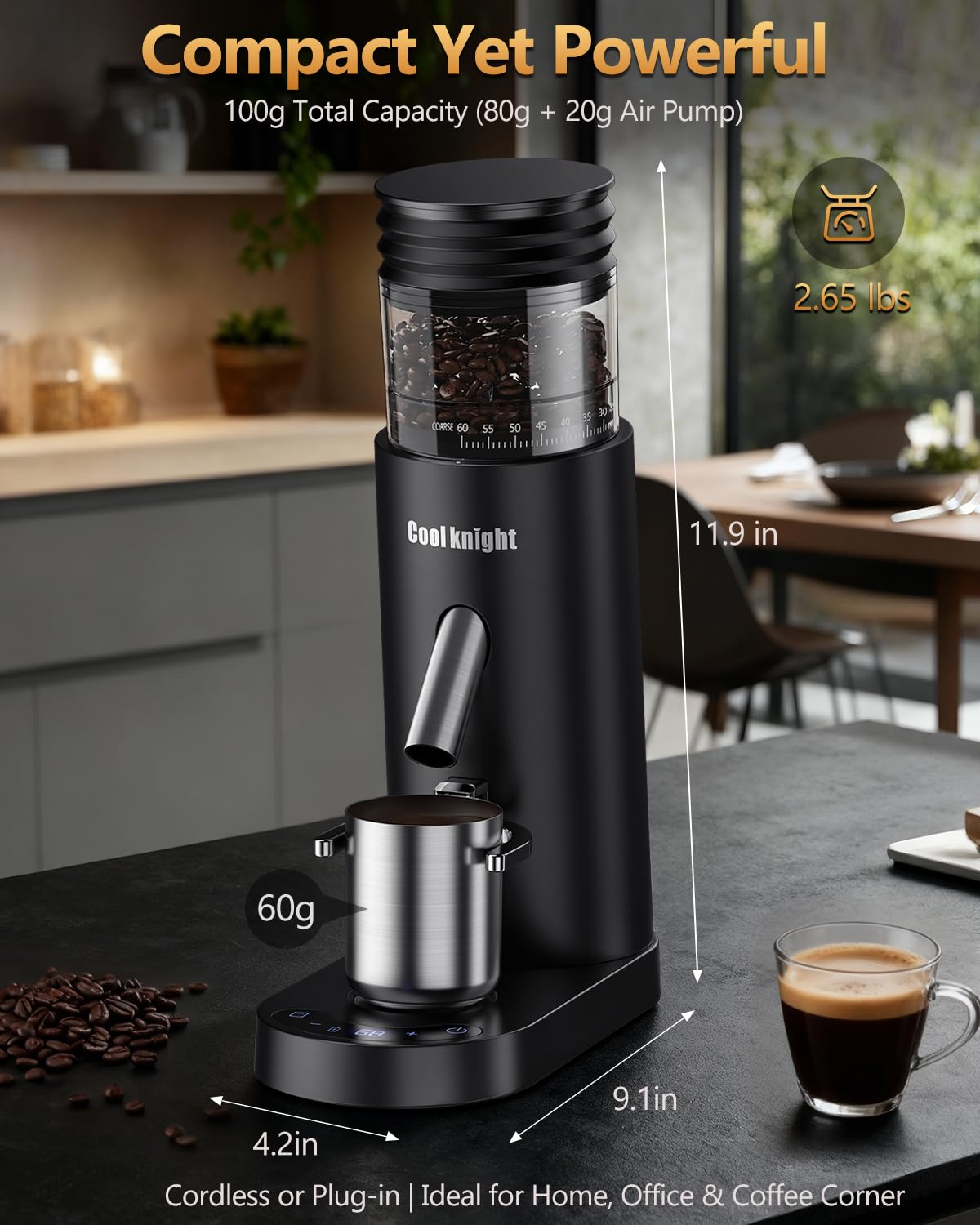 Rechargeable Conical Burr Coffee Grinder with 60 Grind Settings K344