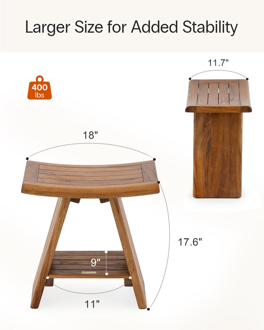 Teak Shower Stool with Shelf, 18 in, 400 lb Capacity S842