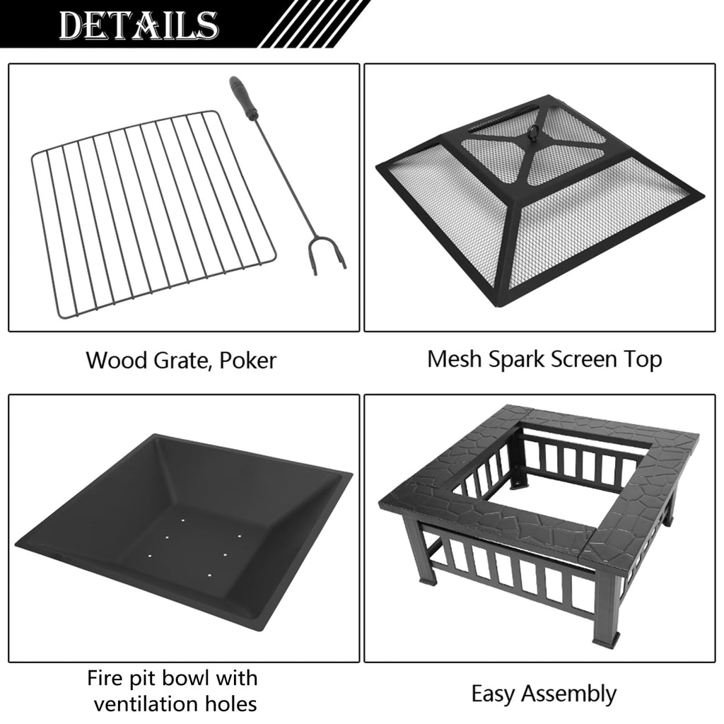 Black 32" Wood Burning Fire Pit Table with Grate, Poker and Spark Screen Cover V376