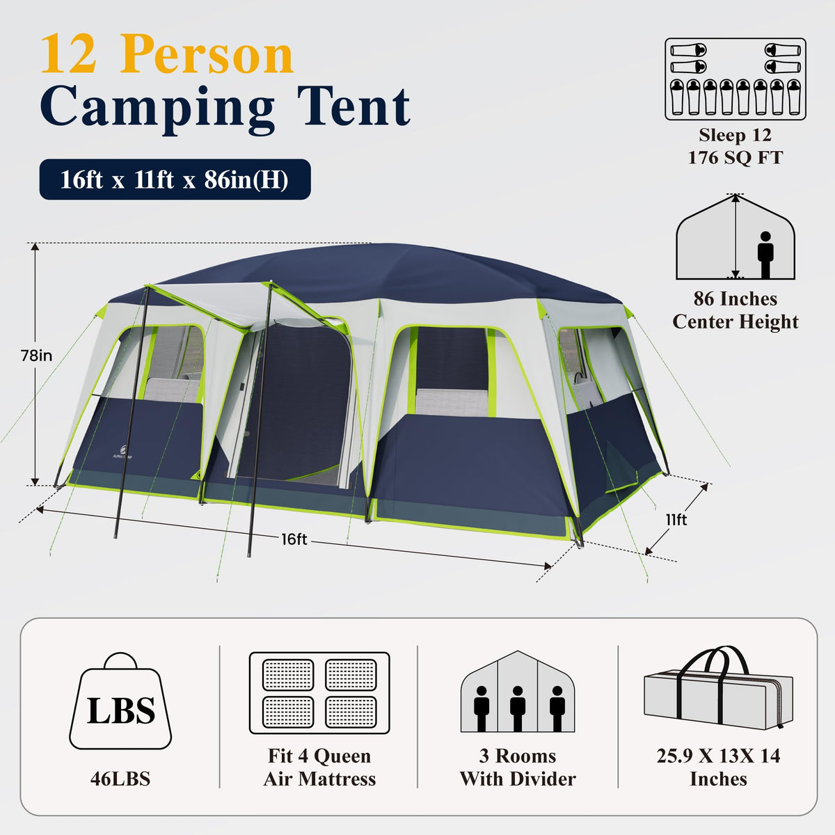 12 Person 3 Room Camping Tent with Rainfly M386