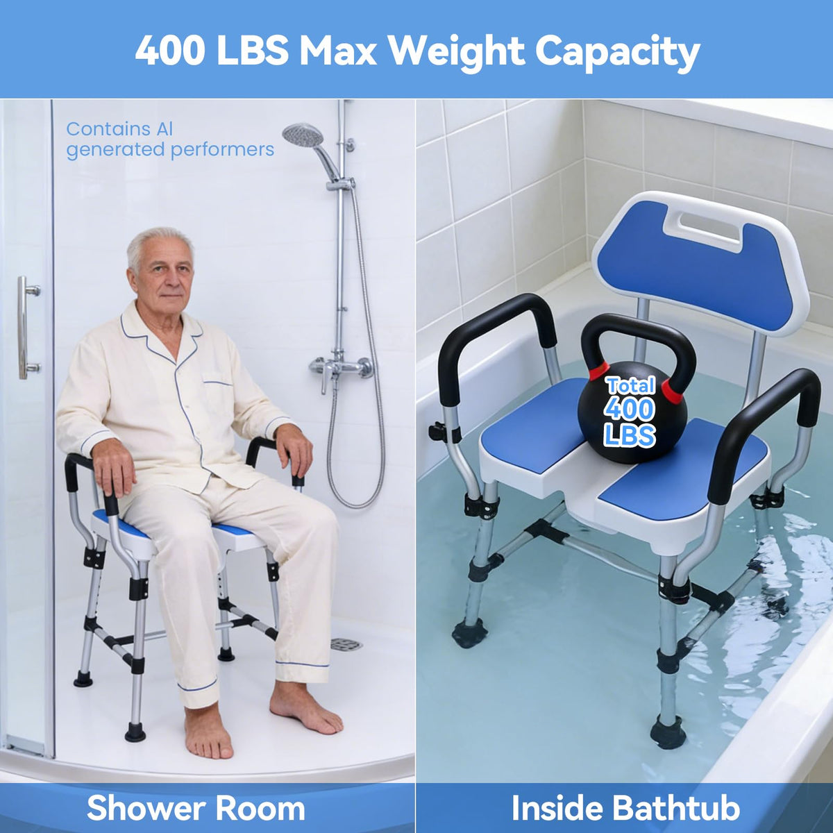 U-Shaped Shower Chair, 400 lbs Capacity, Adjustable Height, Blue M259