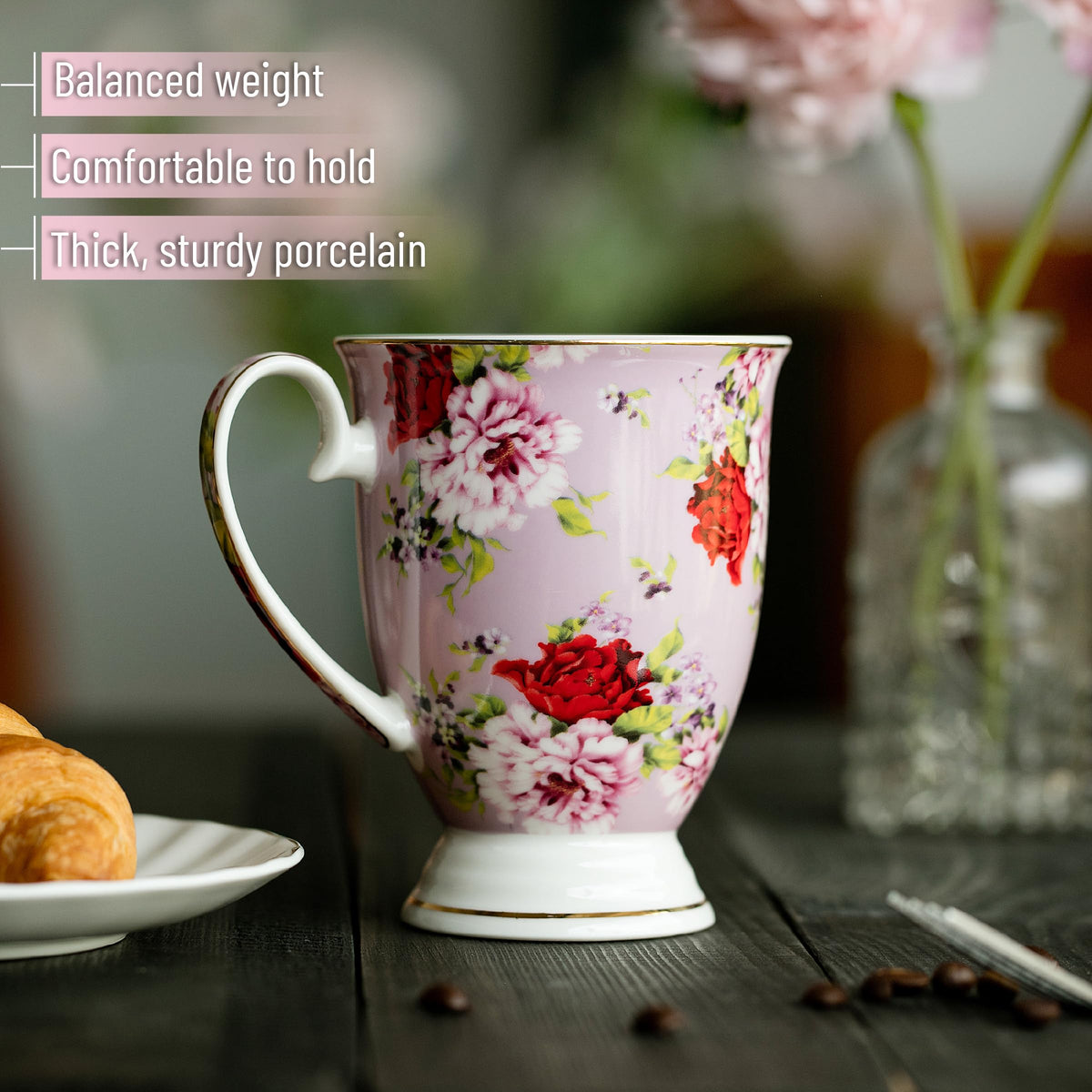 12 oz Set of 6 Floral Porcelain Coffee Mugs C880