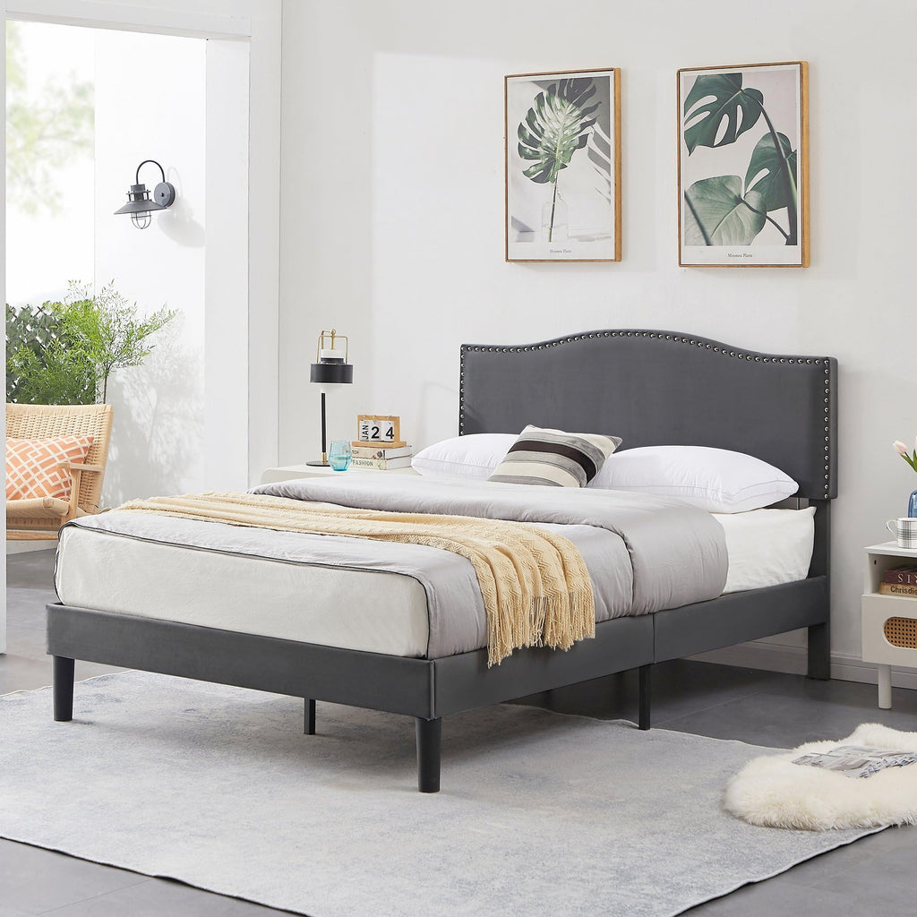 Full Bed Frame with Upholstered Headboard and Wooden Slats, Dark Grey B50886