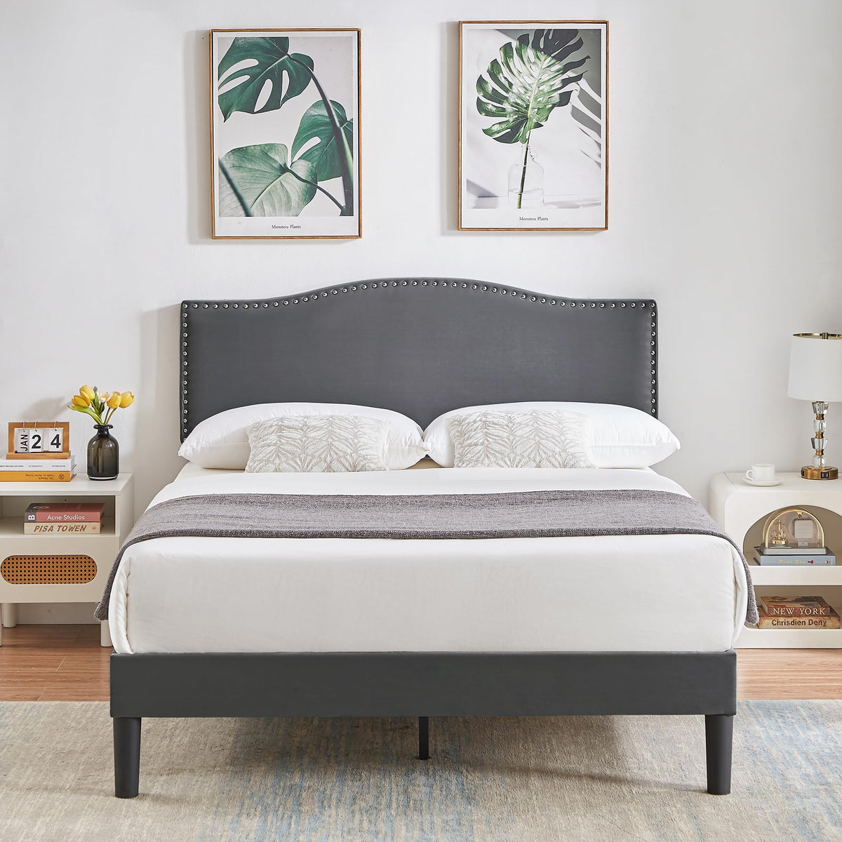 Full Bed Frame with Upholstered Headboard and Wooden Slats, Dark Grey B50886