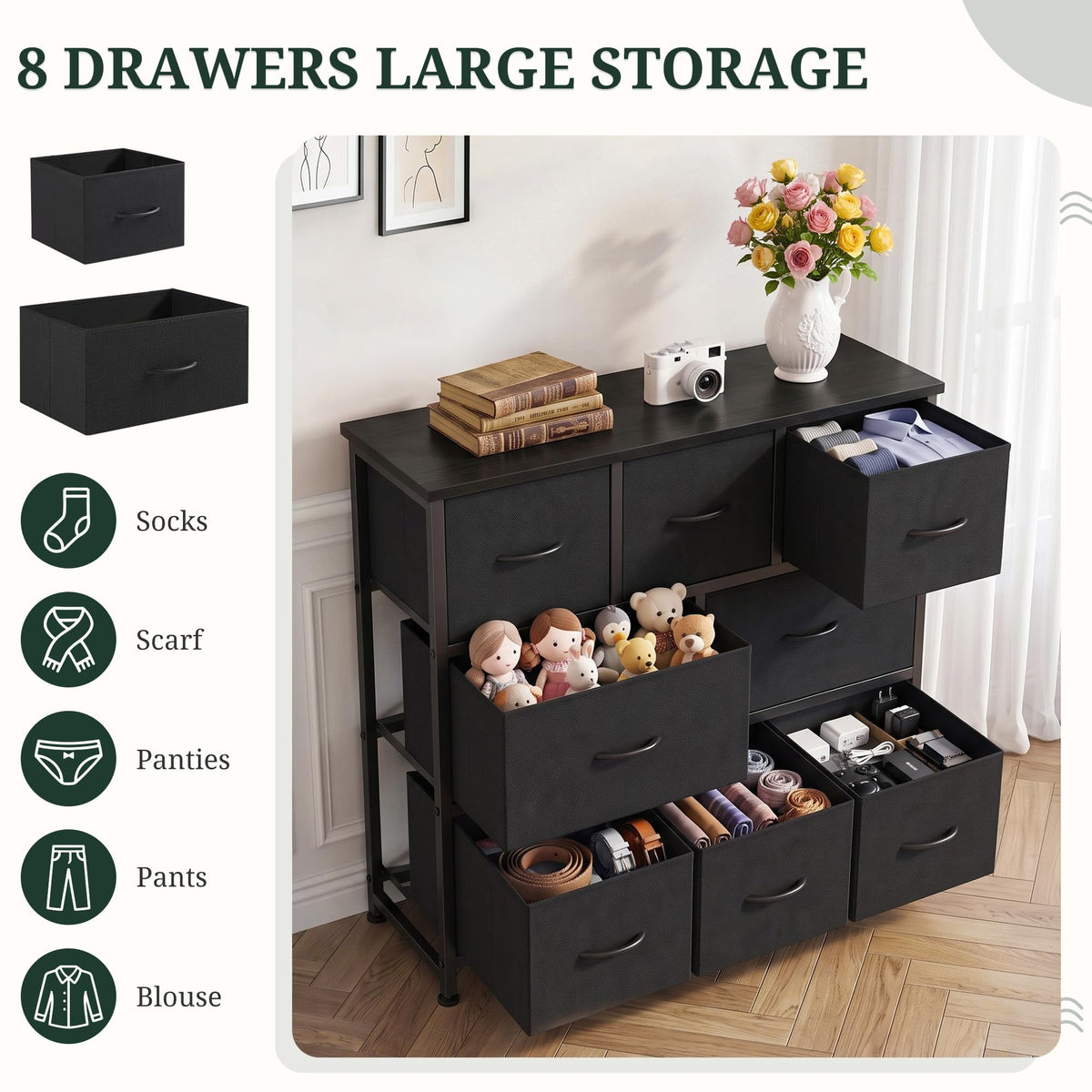 8 Drawer Fabric Dresser with Wood Top M11379