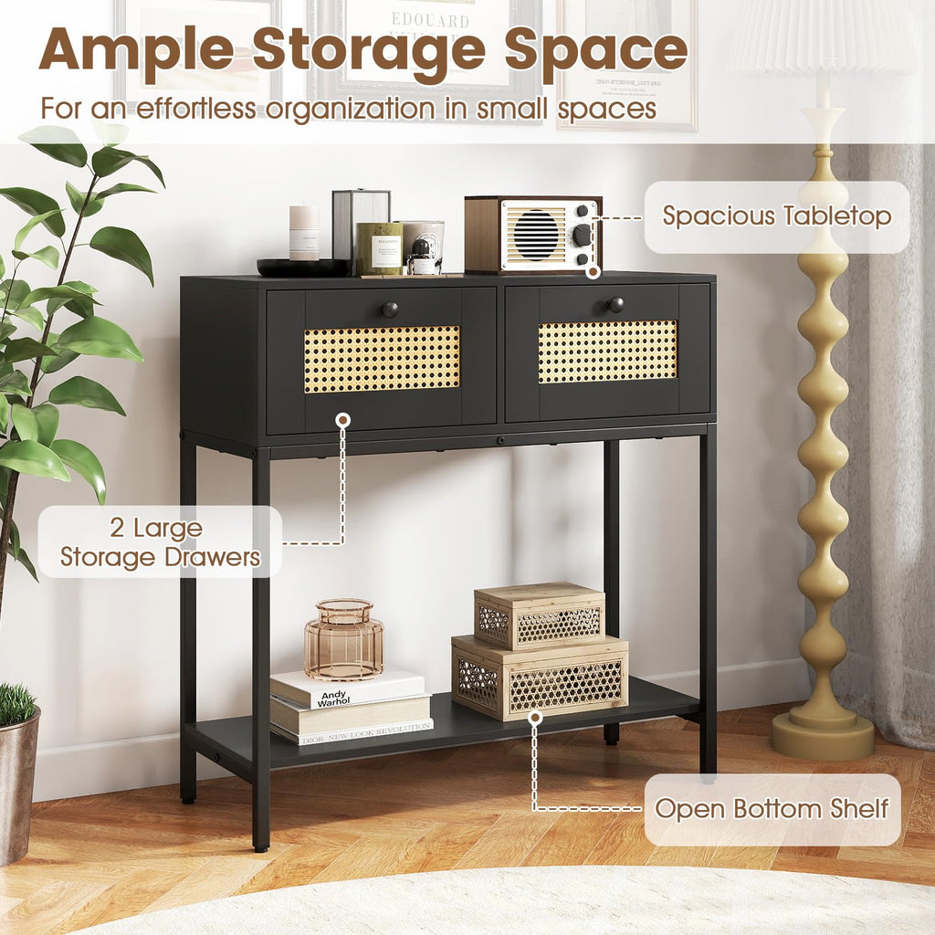 Rattan Console Table with Two Drawers and Open Storage Shelf J485
