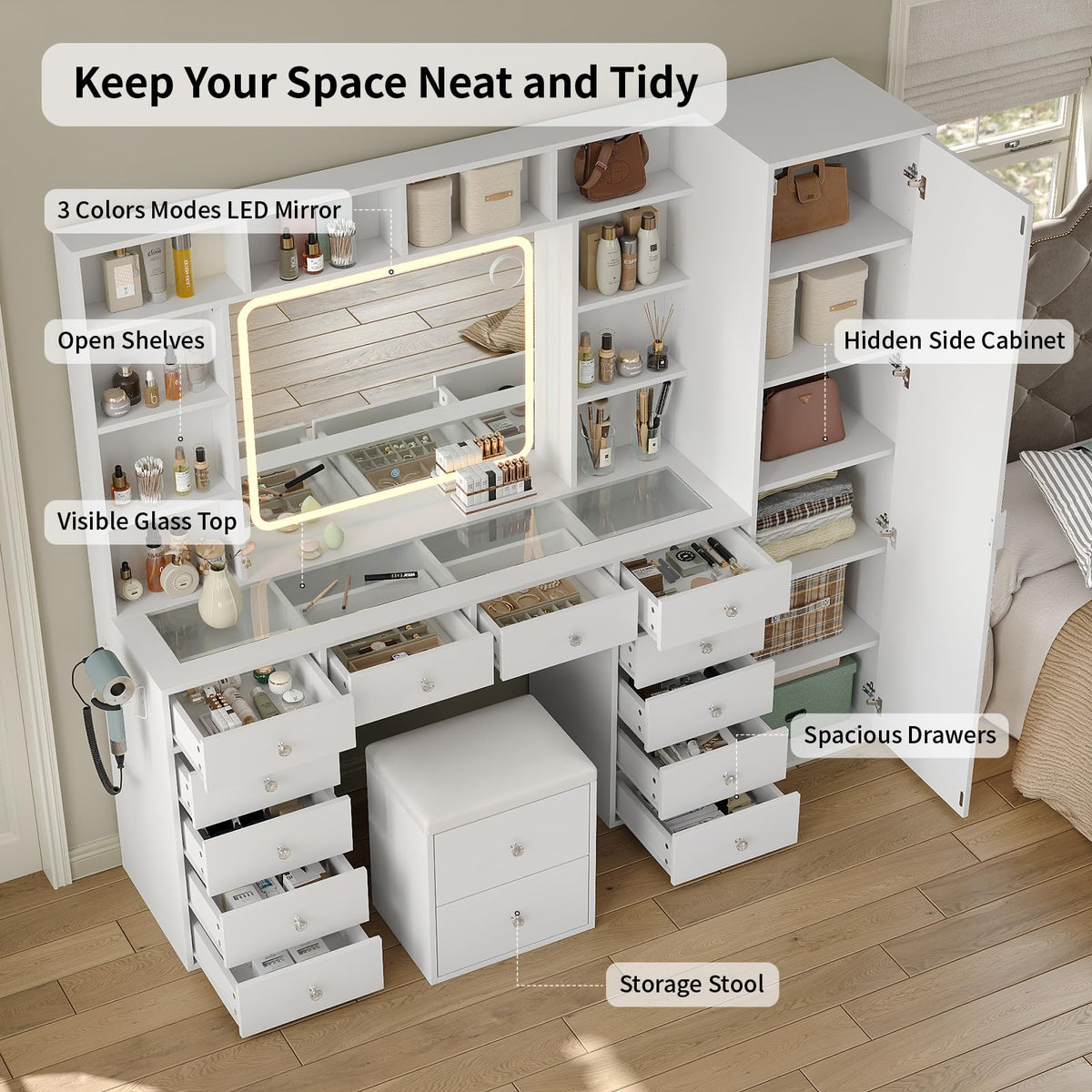 White Vanity Desk with LED Mirror 14 Drawers 10 Shelves R2978