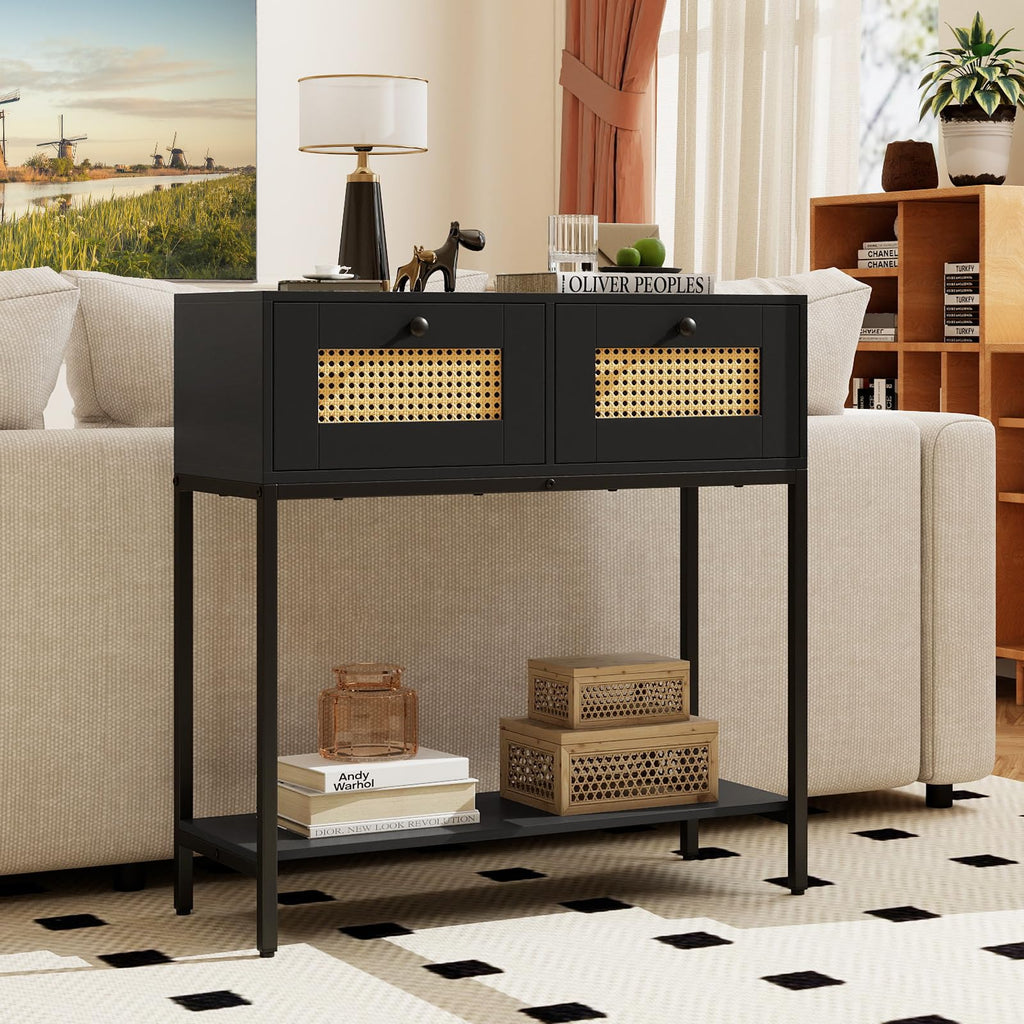 Rattan Console Table with Two Drawers and Open Storage Shelf J485
