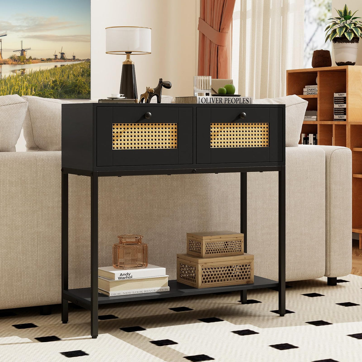 Rattan Console Table with Two Drawers and Open Storage Shelf J485