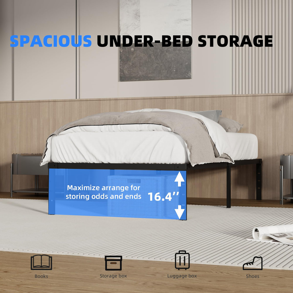 18 Inch Queen Size Metal Platform Bed Frame with Underbed Storage S782319