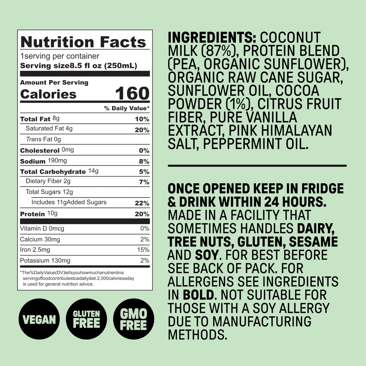 Mint Chocolate Milk, Dairy Free, 10g Protein, 8.5 fl oz, 12 Pack H78174