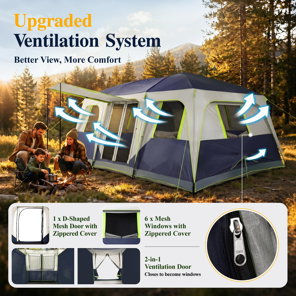 12 Person 3 Room Camping Tent with Rainfly M386