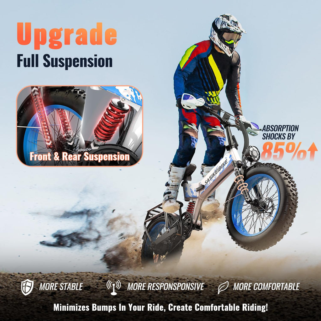 Foldable Electric Bike 1500W 52V 20Ah 20" Fat Tire Full Suspension P2238