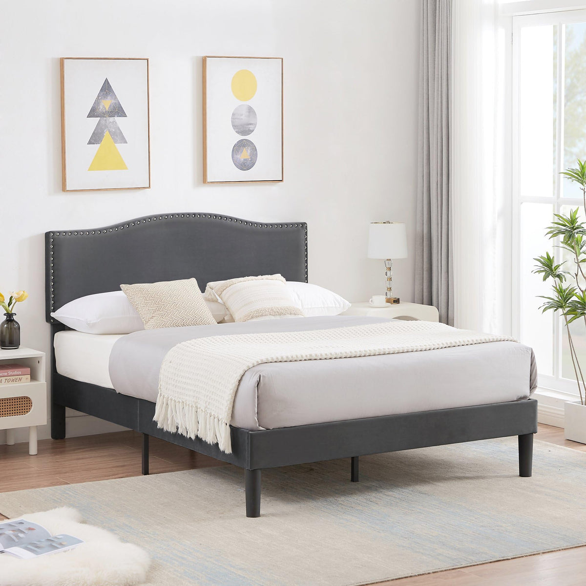 Full Bed Frame with Upholstered Headboard and Wooden Slats, Dark Grey B50886