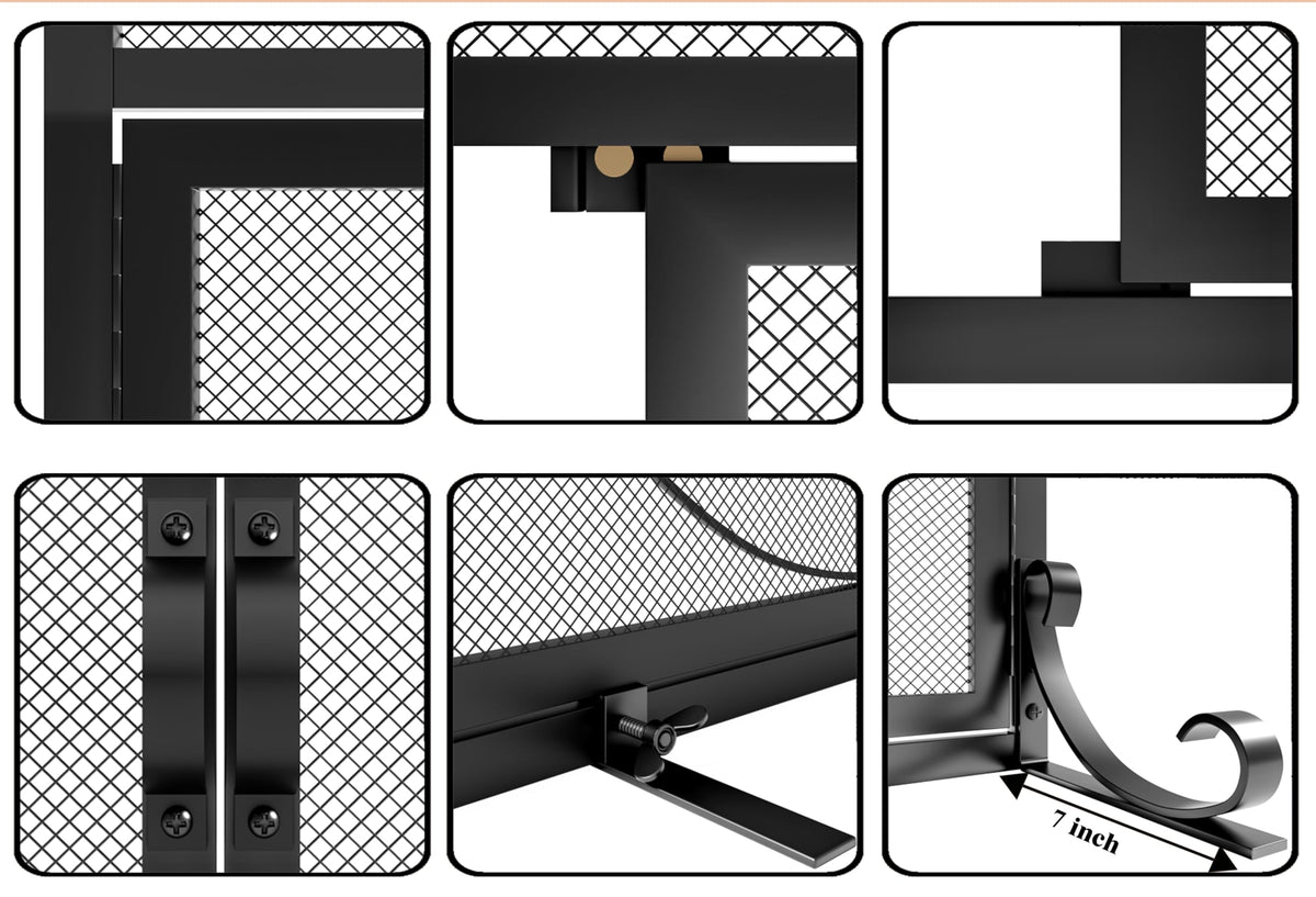 Wrought Iron Fireplace Screen with Magnetic Double Doors Black G590793