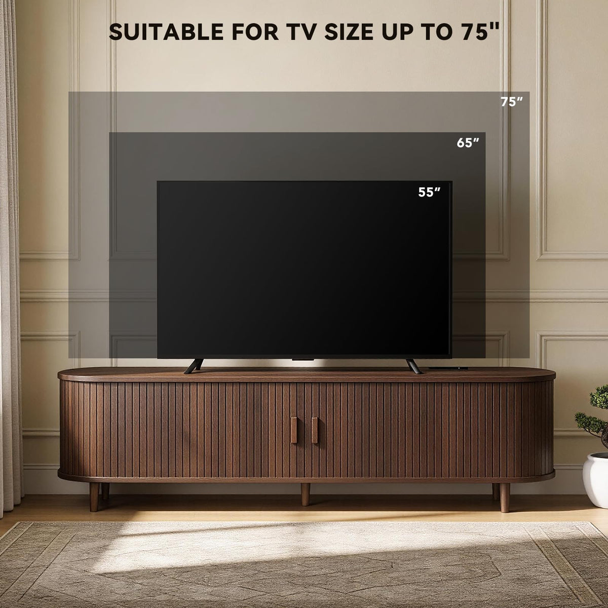 65" Walnut Wood TV Stand with Power Outlet and Sliding Doors R7162