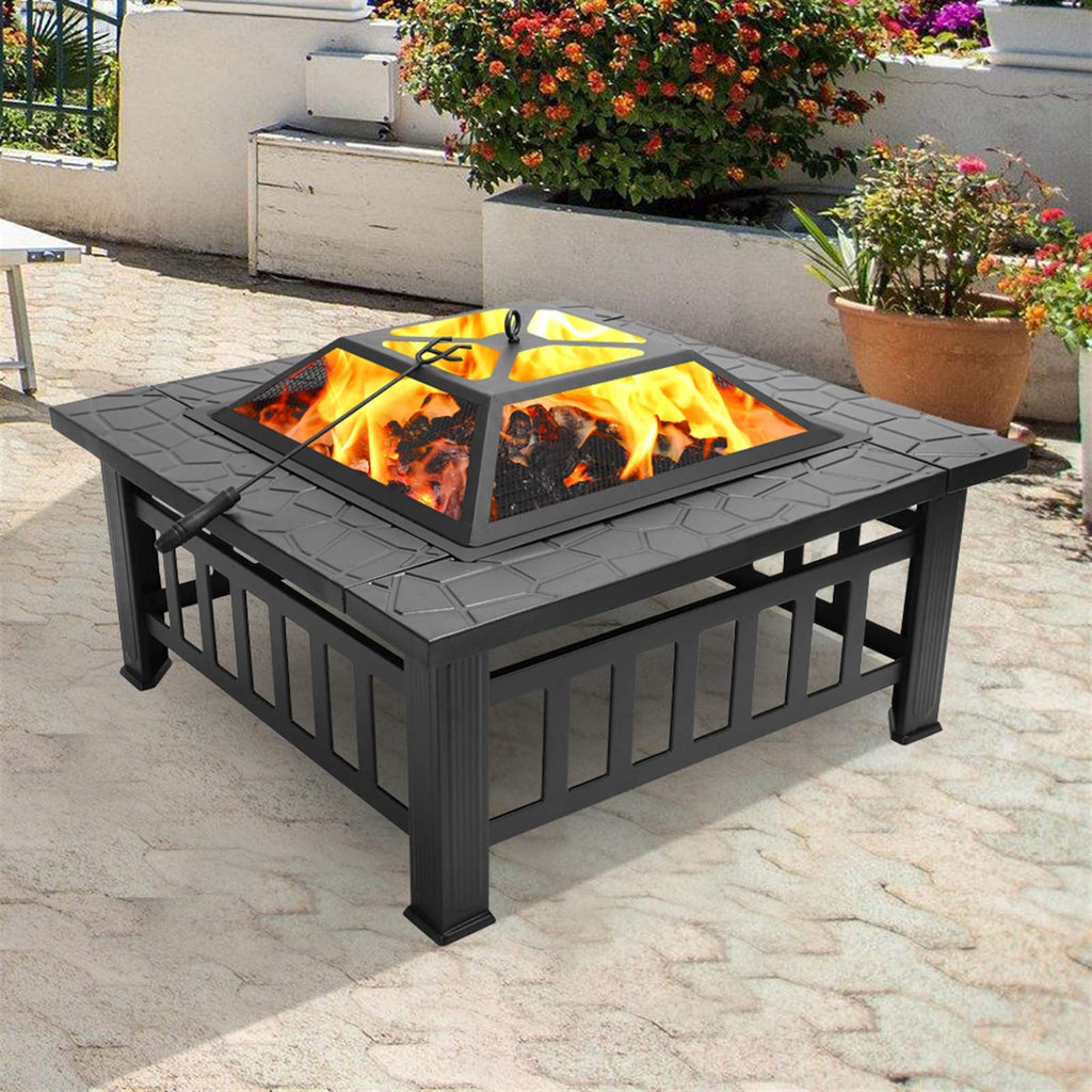 Black 32" Wood Burning Fire Pit Table with Grate, Poker and Spark Screen Cover V376