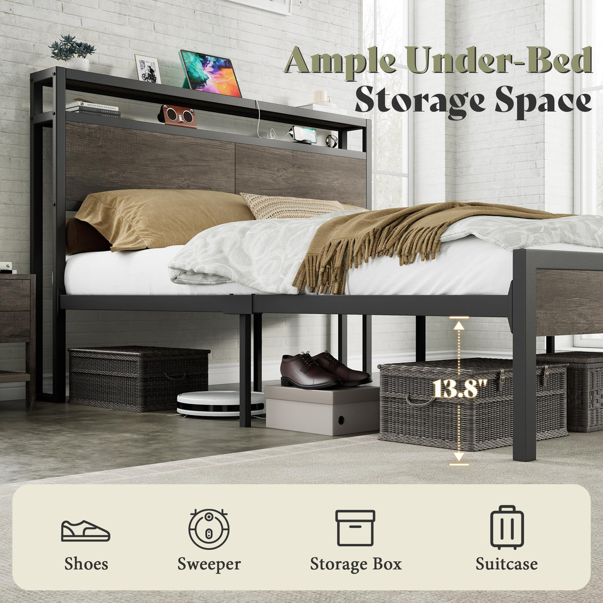 Full Size Metal Bed Frame with Charging Station U345