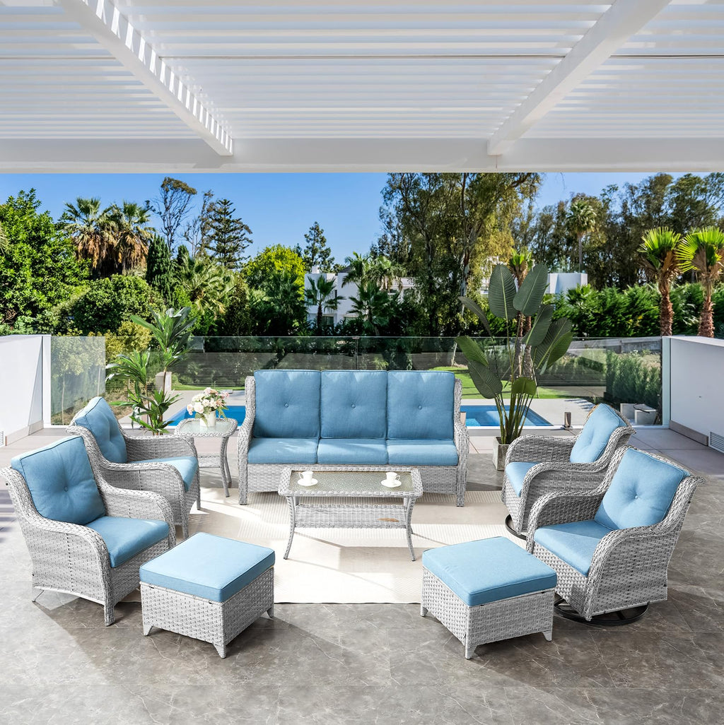 Light Gray Baby Blue Wicker 3-Seat Outdoor Sofa A63518