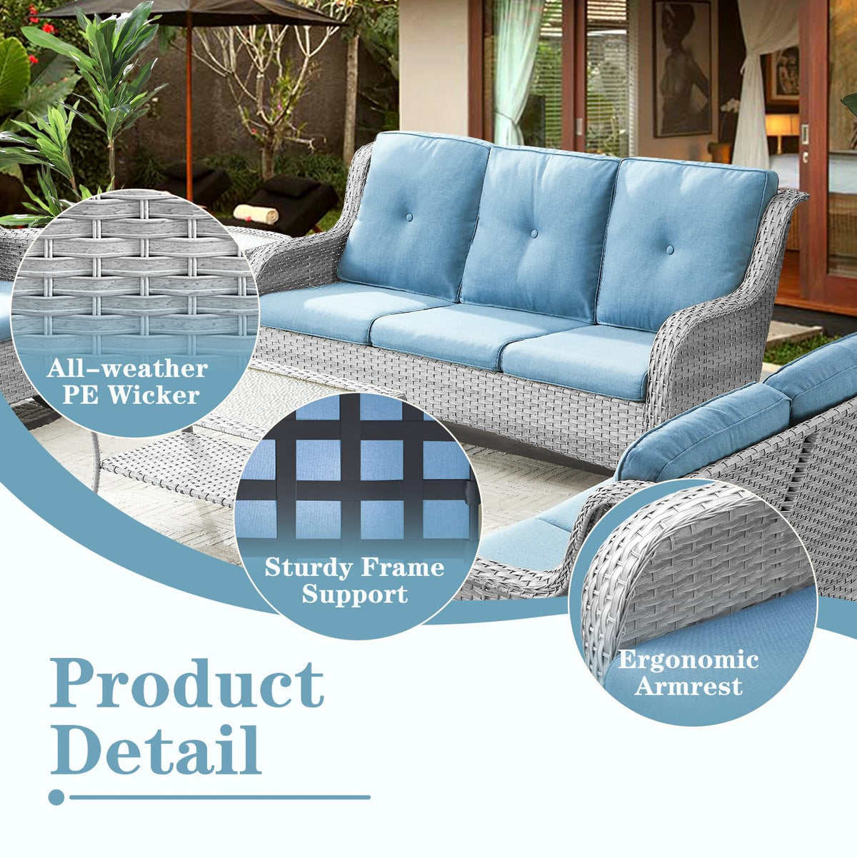 Light Gray Baby Blue Wicker 3-Seat Outdoor Sofa A63518