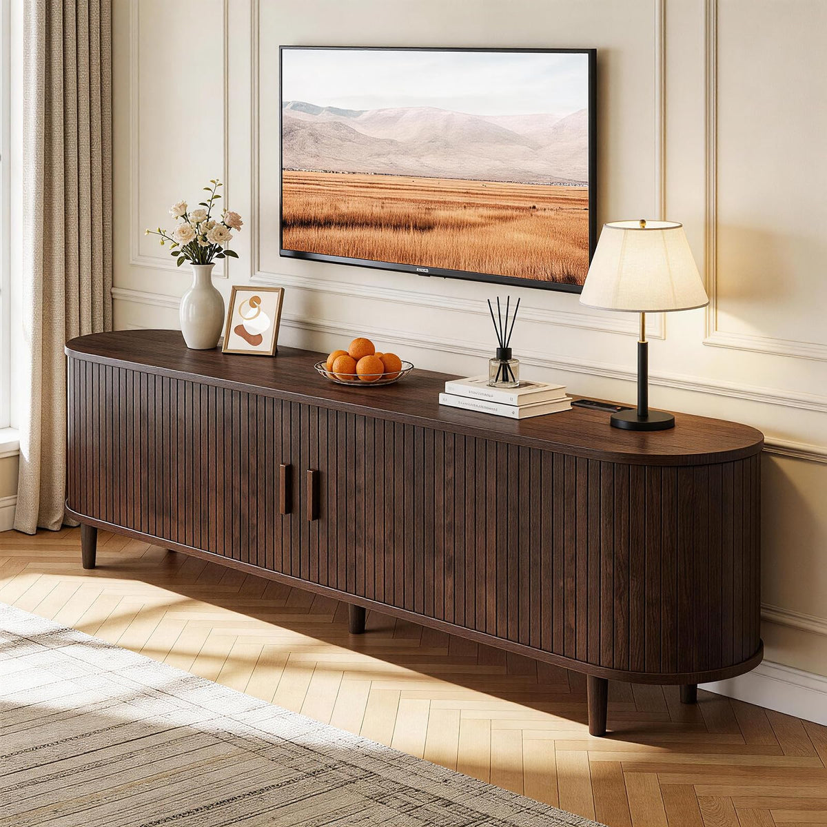 65" Walnut Wood TV Stand with Power Outlet and Sliding Doors R7162