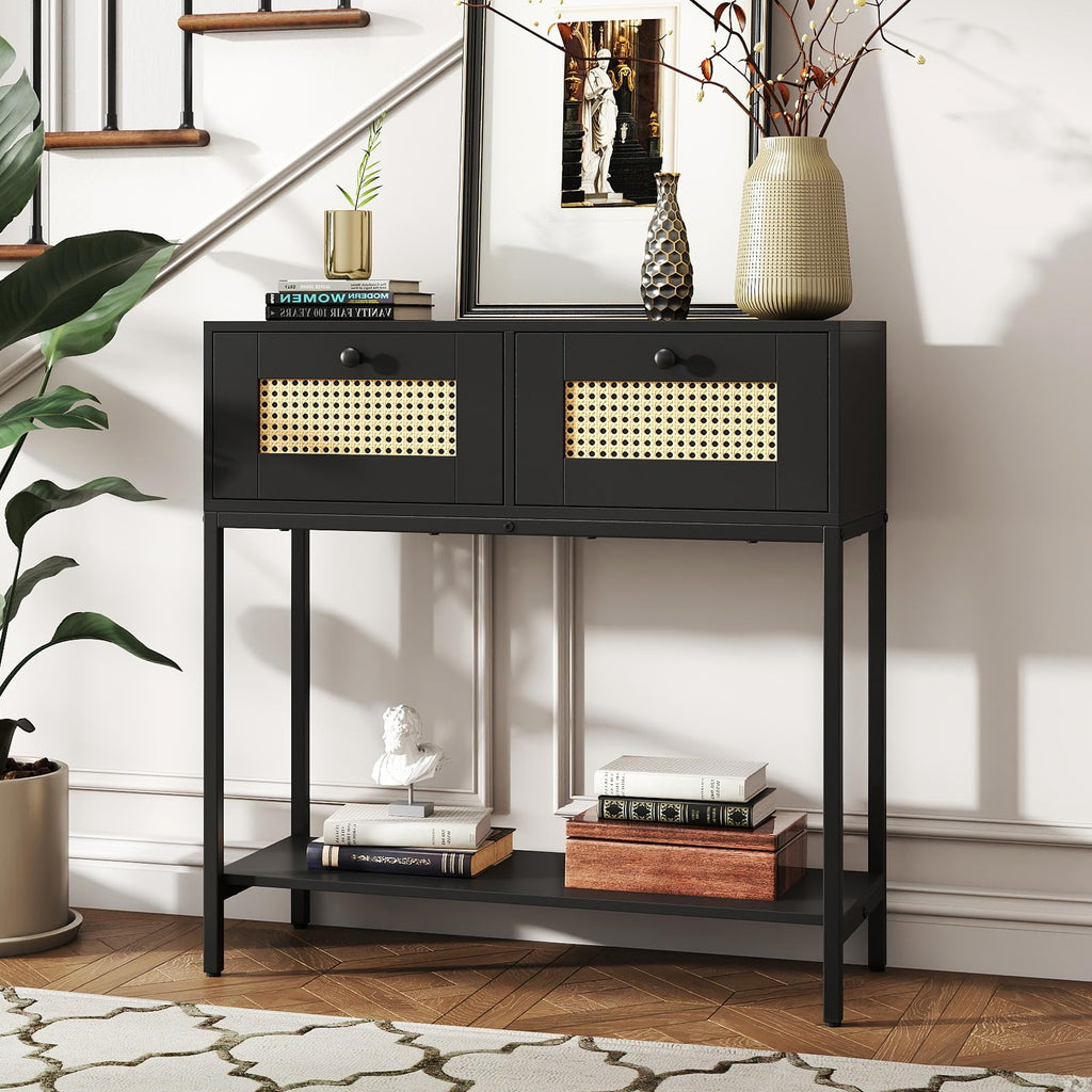 Rattan Console Table with Two Drawers and Open Storage Shelf J485