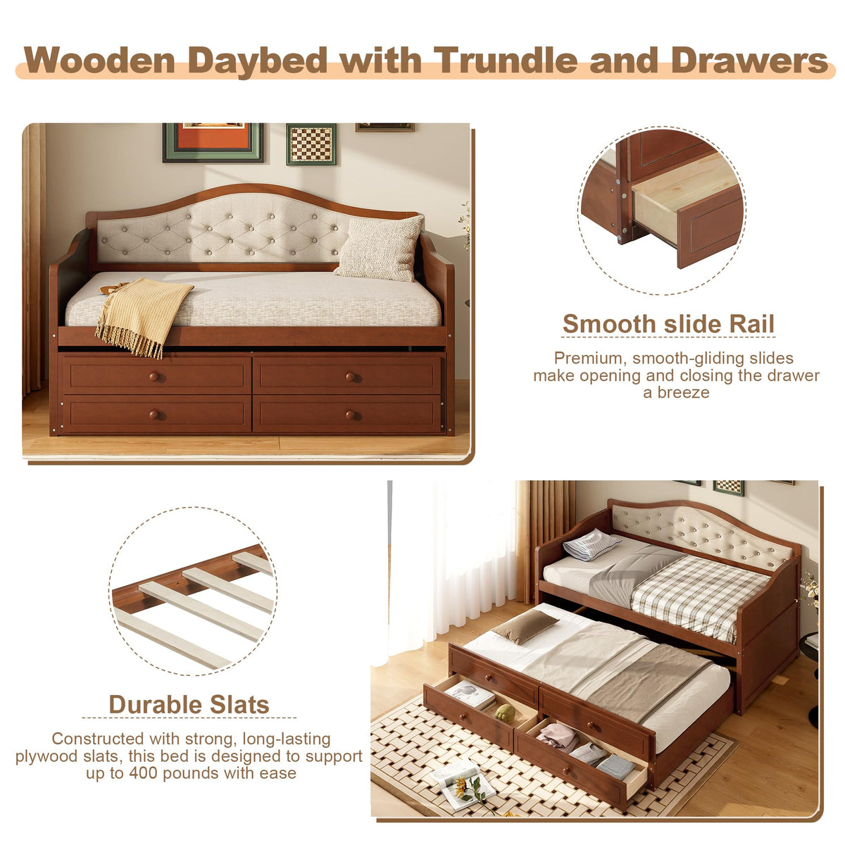 Twin Size Wooden Daybed with Trundle & Storage Drawers U19792