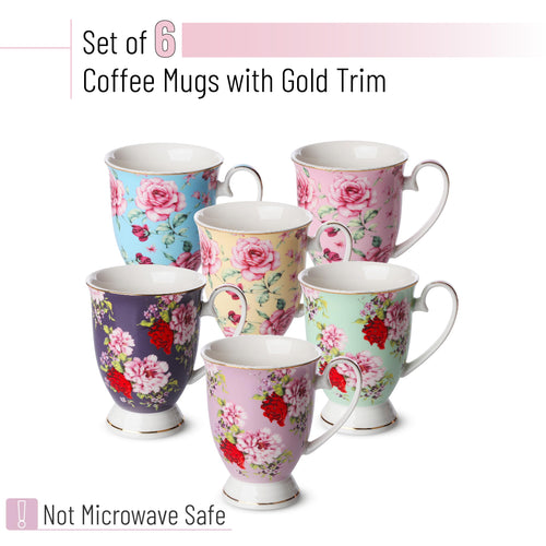12 oz Set of 6 Floral Porcelain Coffee Mugs C880