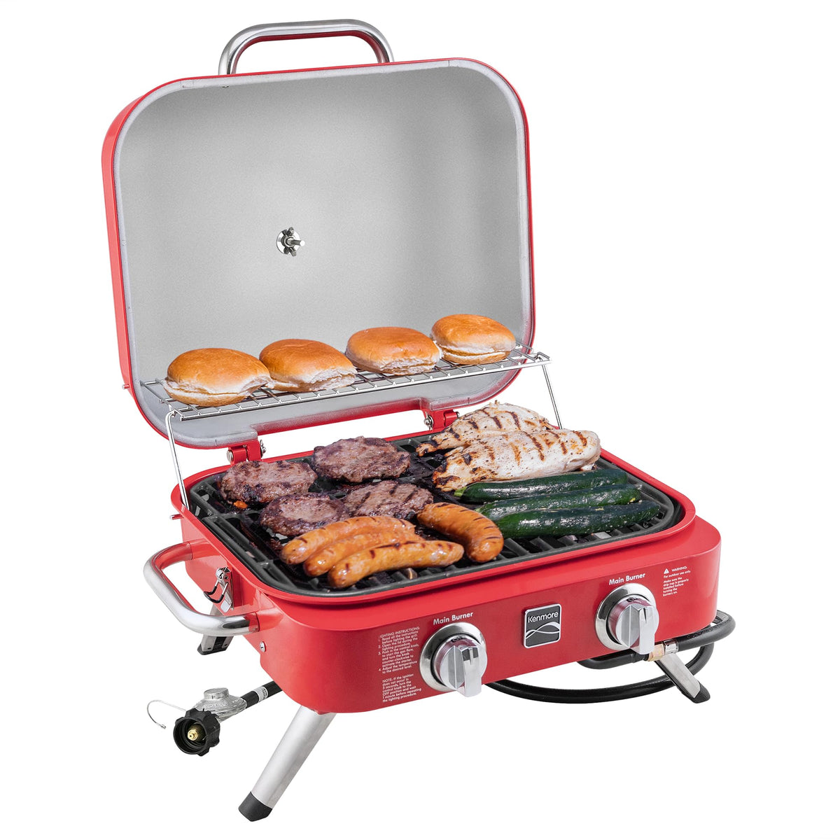 Portable Propane Gas Grill with Warming Rack, 2 Stainless Steel Burners, 14,000 BTUs, Red H5548