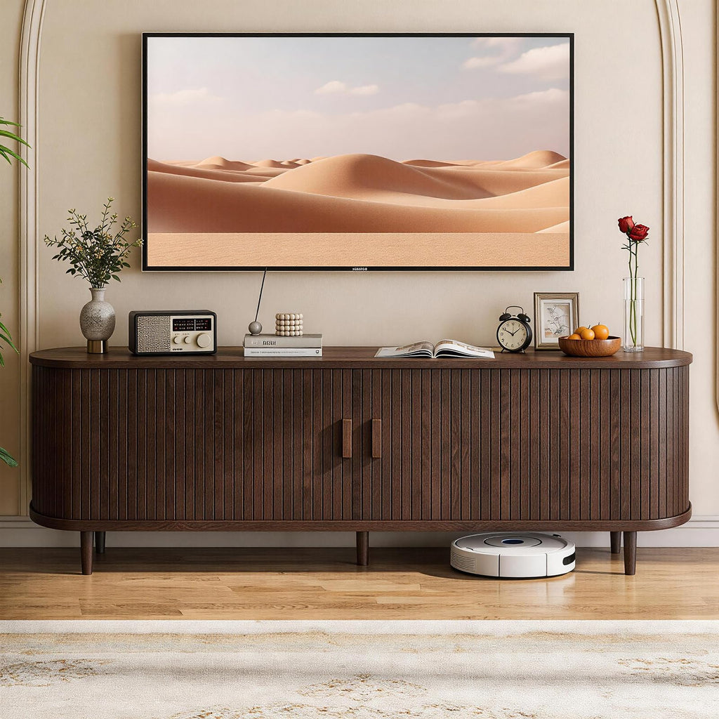 65" Walnut Wood TV Stand with Power Outlet and Sliding Doors R7162