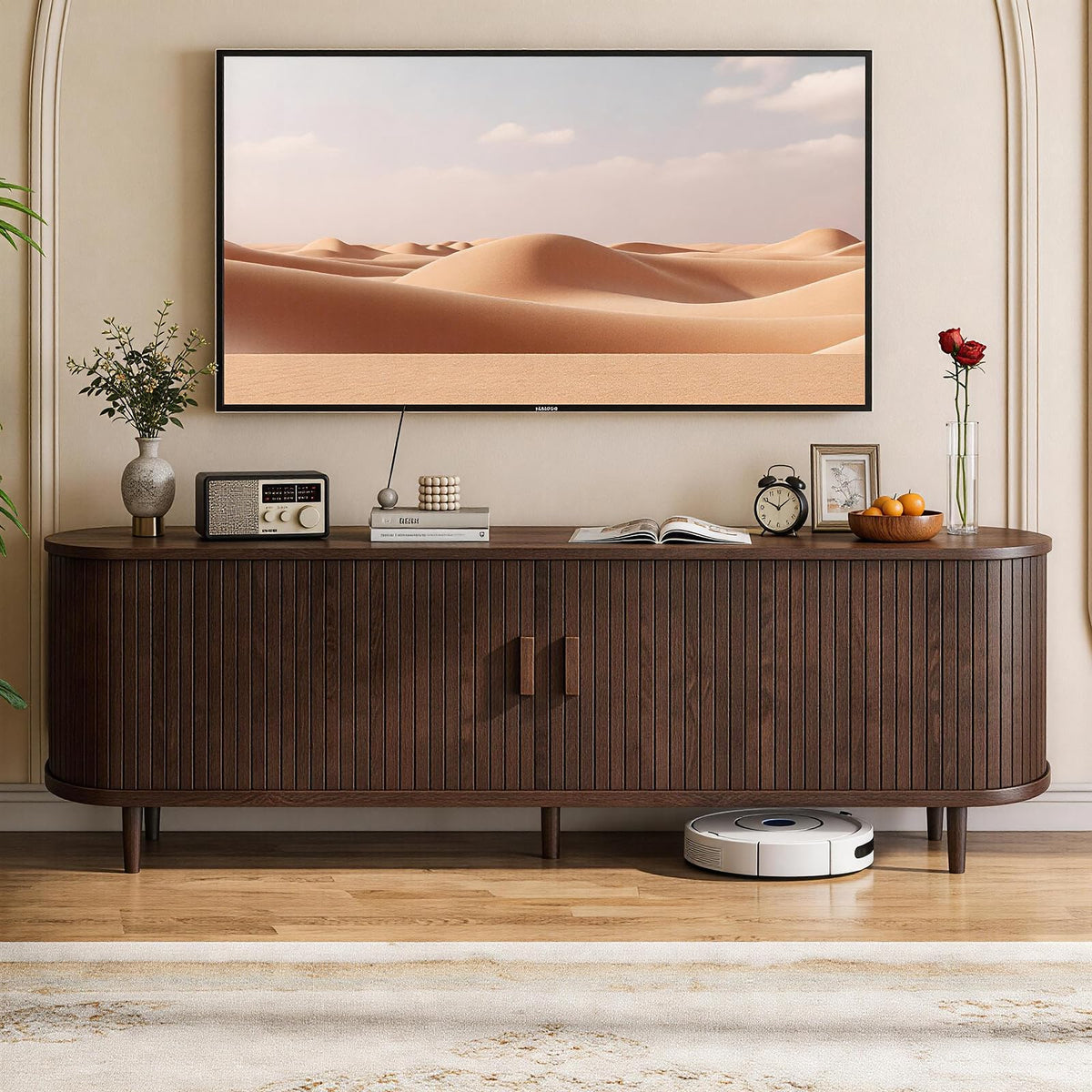 65" Walnut Wood TV Stand with Power Outlet and Sliding Doors R7162