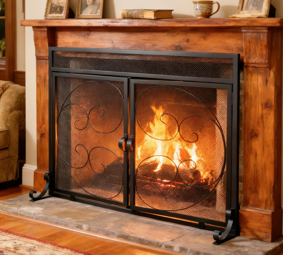 Wrought Iron Fireplace Screen with Magnetic Double Doors Black G590793