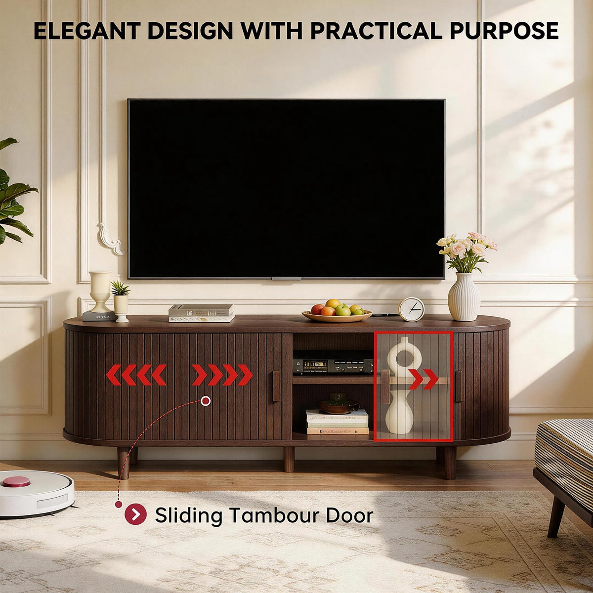 65" Walnut Wood TV Stand with Power Outlet and Sliding Doors R7162