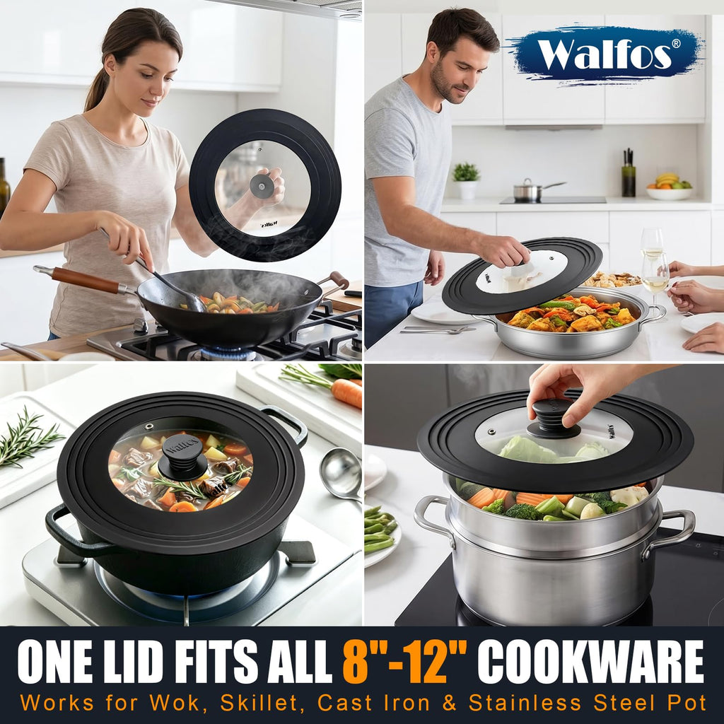 Universal Pan Lid with Heat Resistant Silicone Rim and Tempered Glass, Fits 8" to 12" Cookware C872