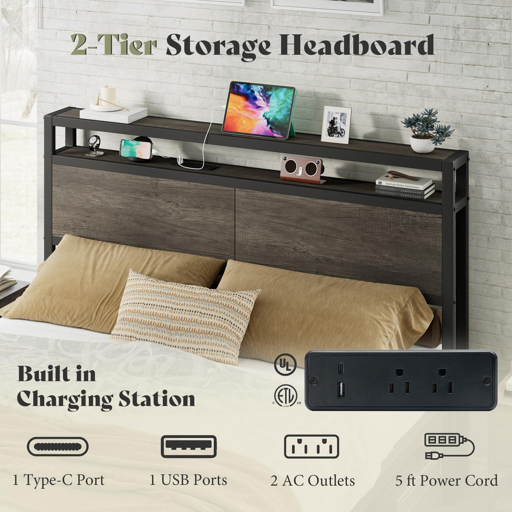 Full Size Metal Bed Frame with Charging Station U345