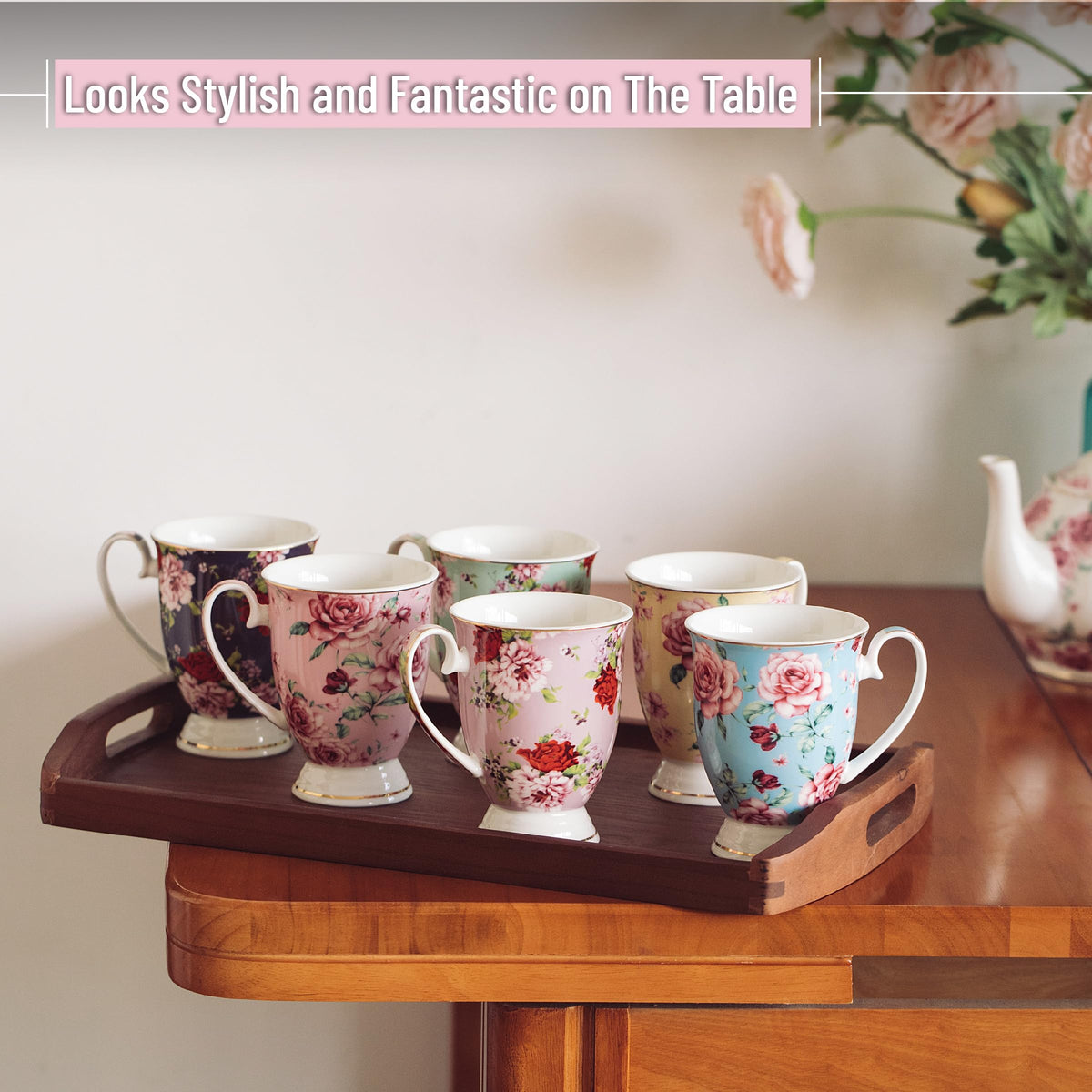 12 oz Set of 6 Floral Porcelain Coffee Mugs C880