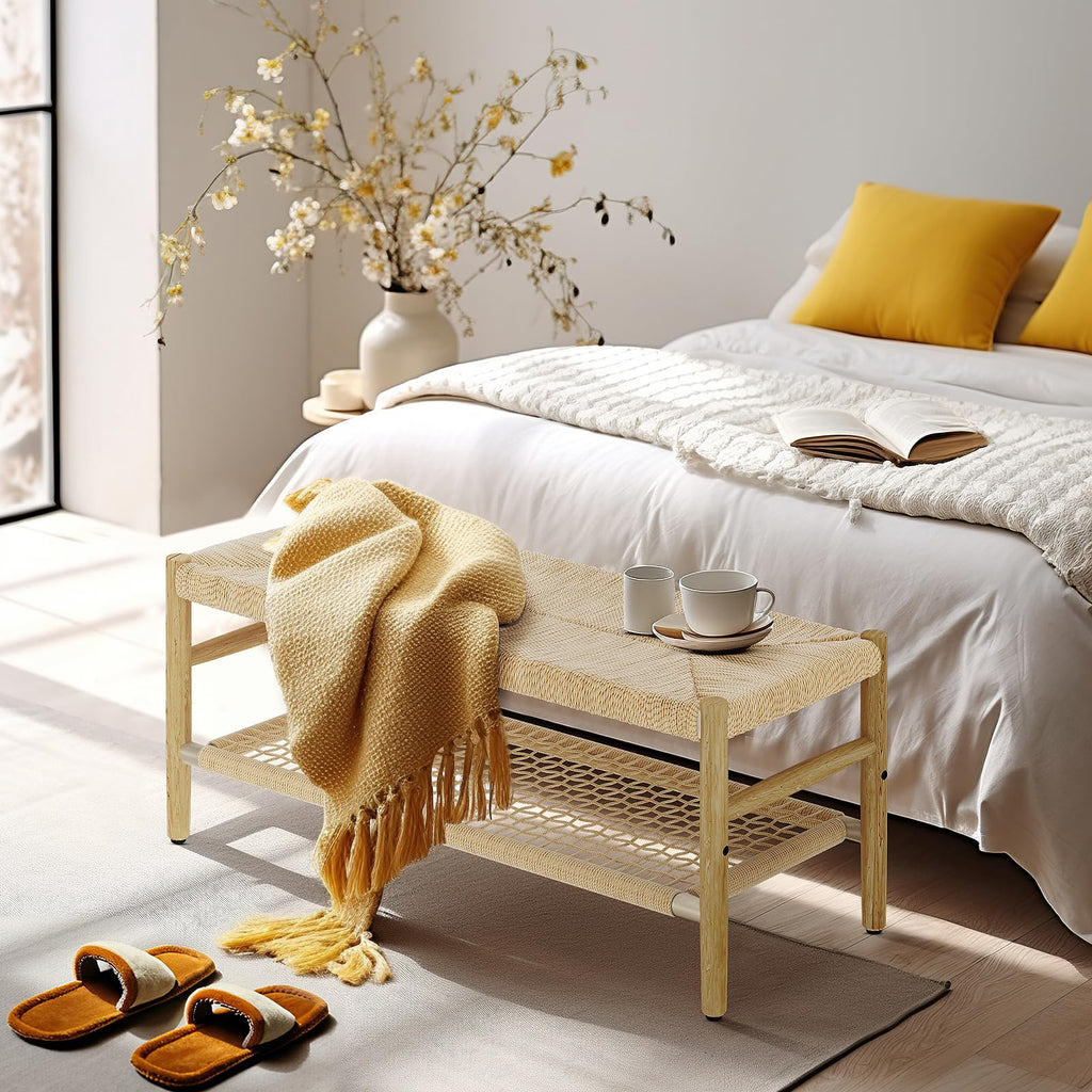 Indoor Entryway Bench with Storage Rack and Rubber Wood Legs D28794
