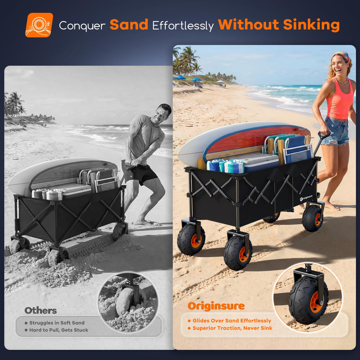 Collapsible Beach Wagon with Balloon Wheels, 560lbs, Black P9344