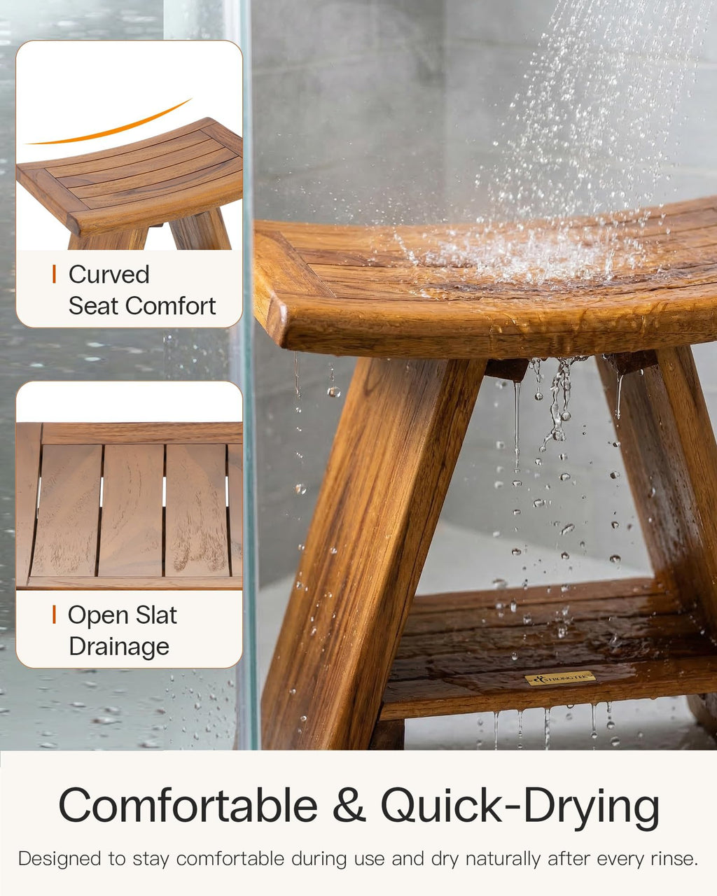 Teak Shower Stool with Shelf, 18 in, 400 lb Capacity S842