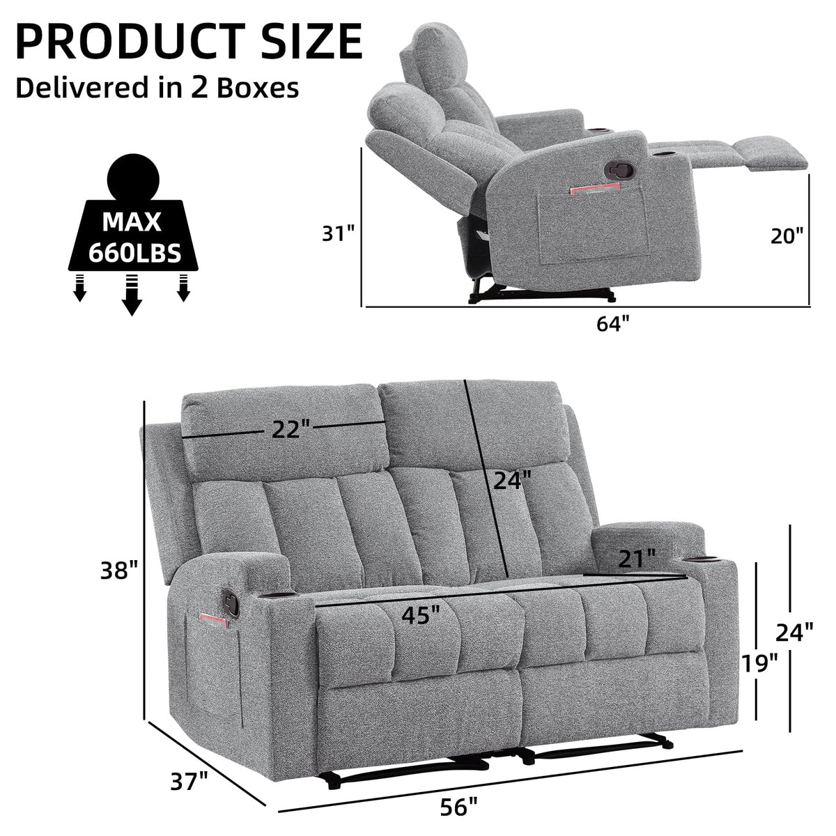 Soft Fabric 2 Seat Recliner Sofa with Cup Holders A239
