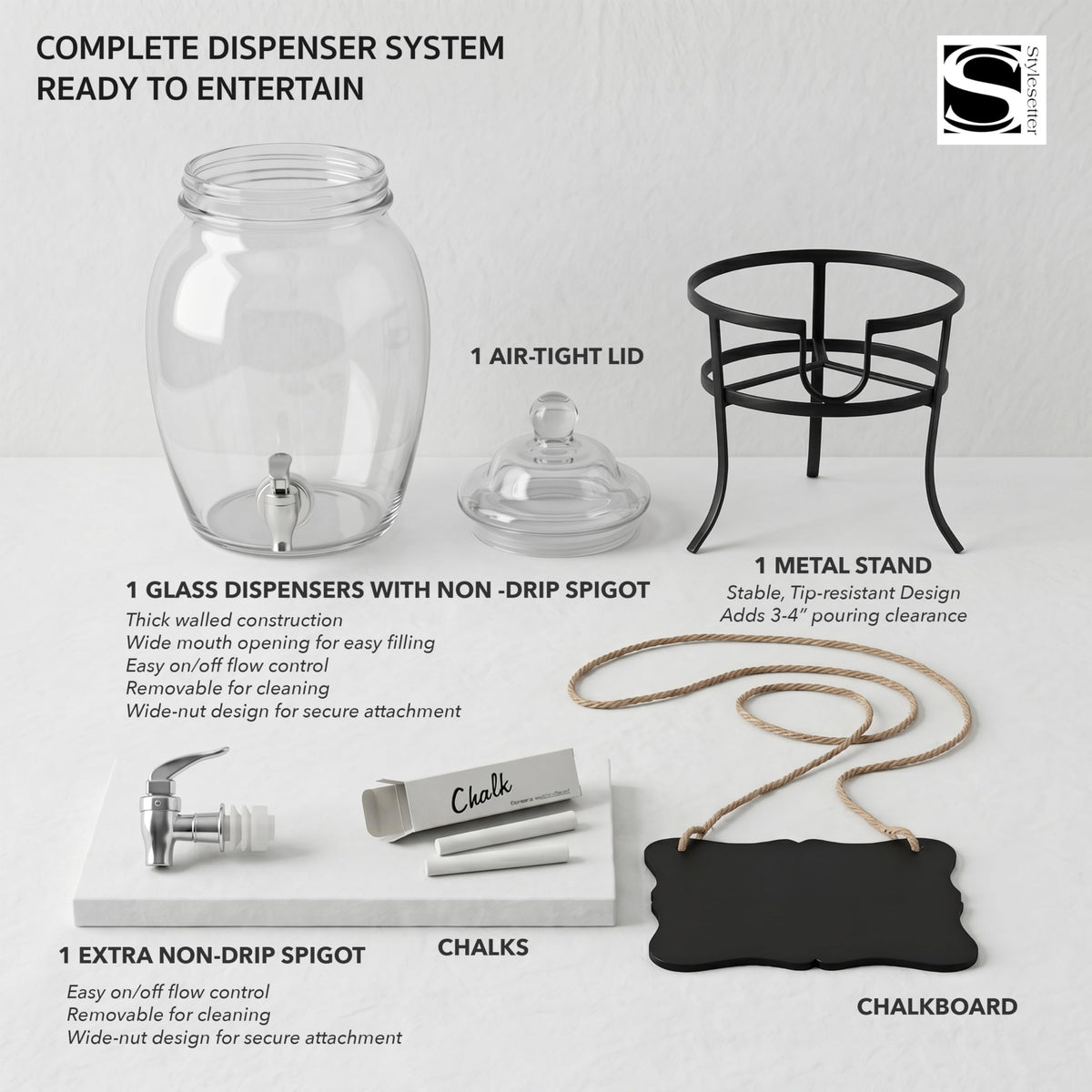 Glass Beverage Dispenser with Metal Stand 2 Gal N7259