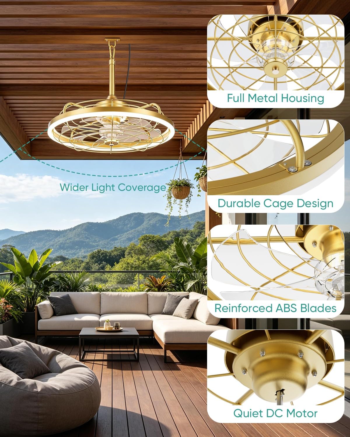 20" Gold Outdoor Ceiling Fan with Light T289